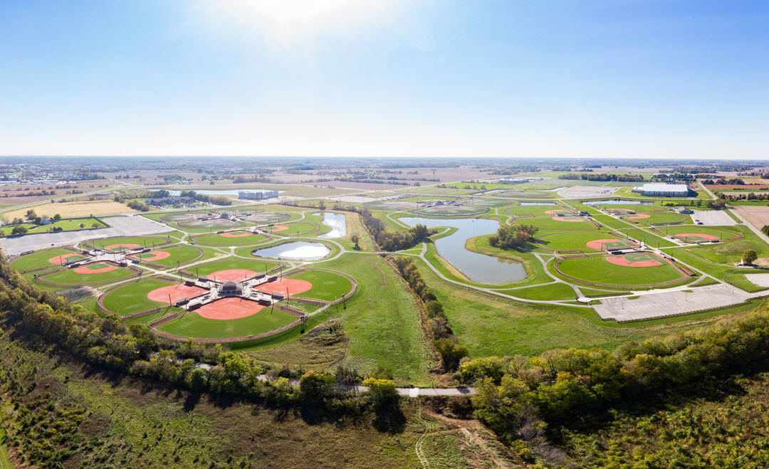 Aerial view of the fields and diamonds at Droplight Grand Park